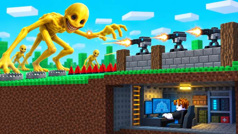 A giant Verity climbing over a fortified wall under turret fire while spike traps slow smaller Verities and a player works in the bunker below.