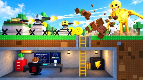 Cutaway view of a Bunker vs Verity base: turrets fight Verity creatures on the surface while the player sits in a furnished room below ground